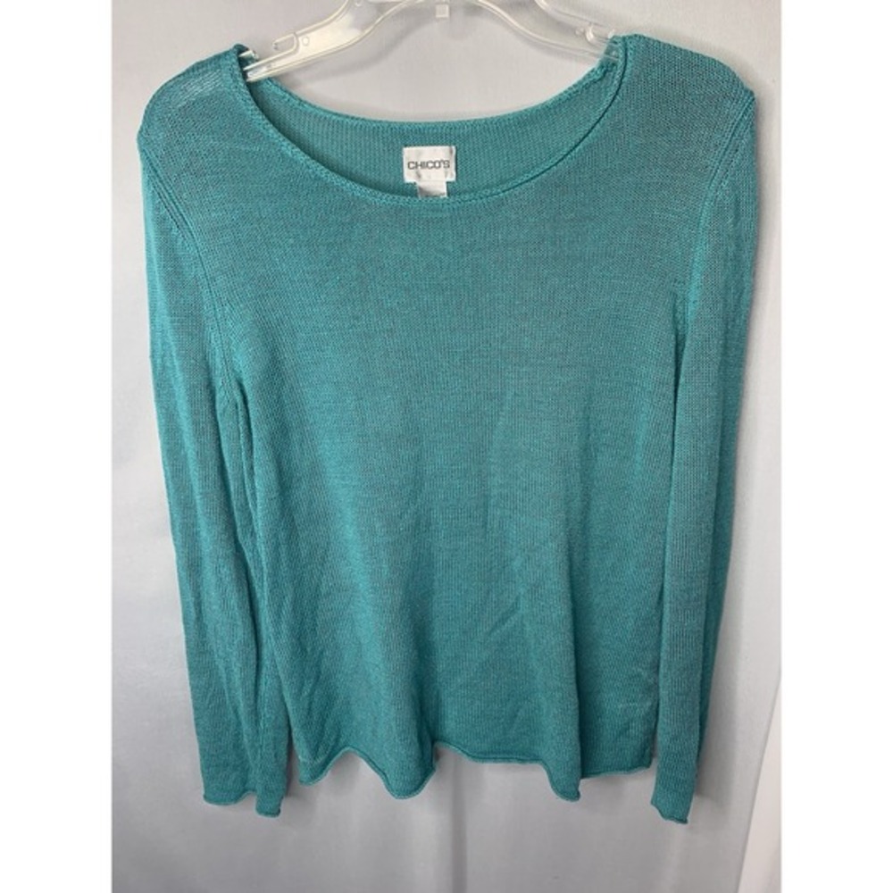 Women's Sz‎ 1 classy Chicos Linen Blend Knit Blouse Teal Long Sleeve